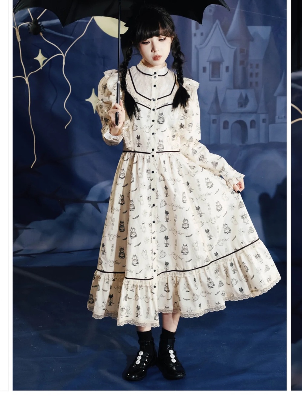 Meugler Dress Original Print Art Dress Sweet Retro Style Sz M Off-White & Black